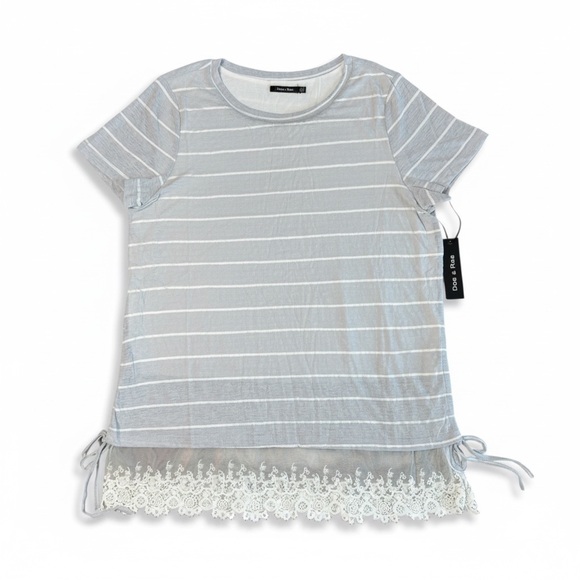 Doe & Rae Boutique BOHO Tunic Top Gray Striped Ruched Lace Hem Size L NWT - Picture 5 of 10